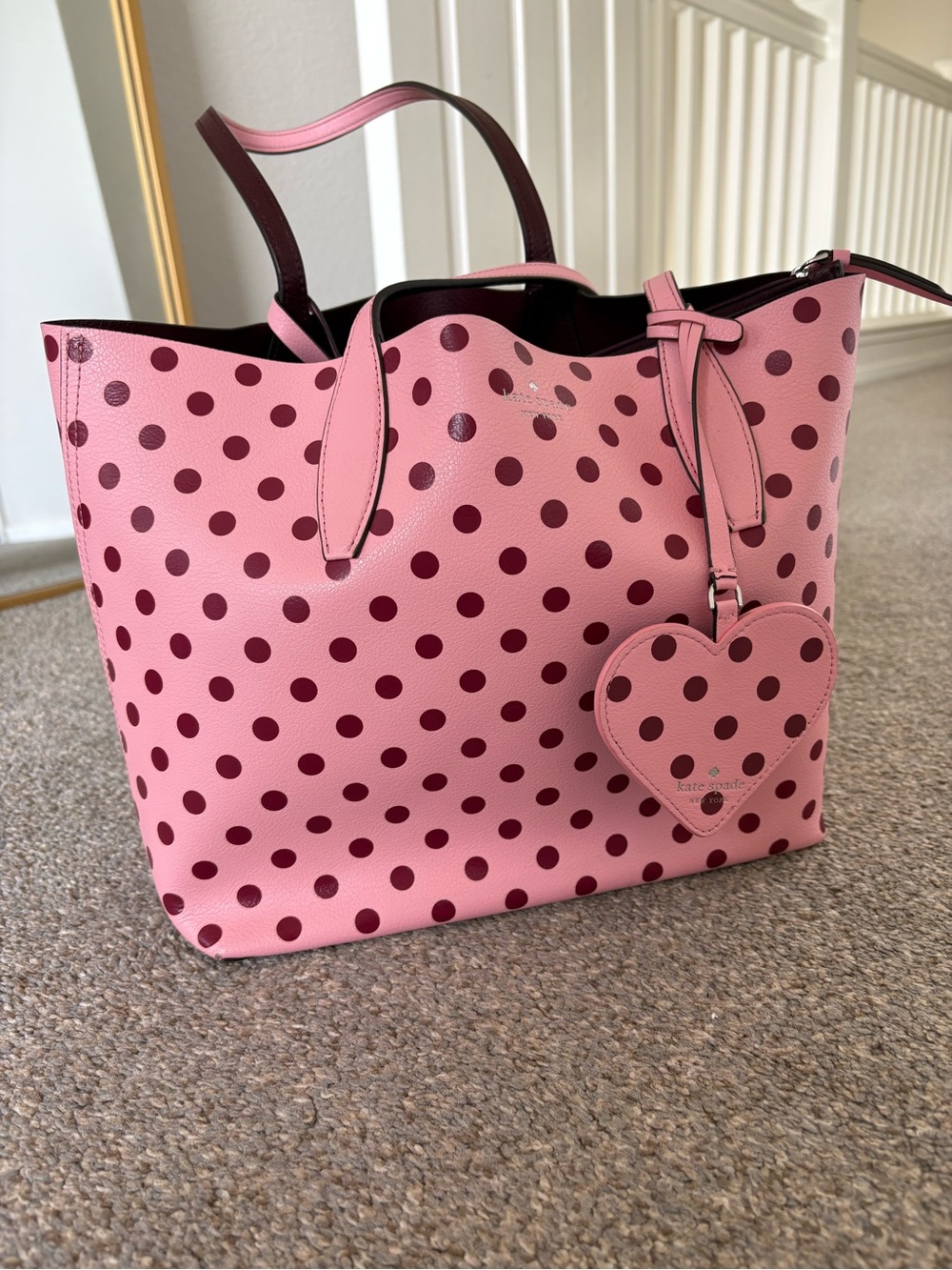 Kate Spade Pink Polka Dot Tote Bag with Heart Charm - Picture 2 of 3